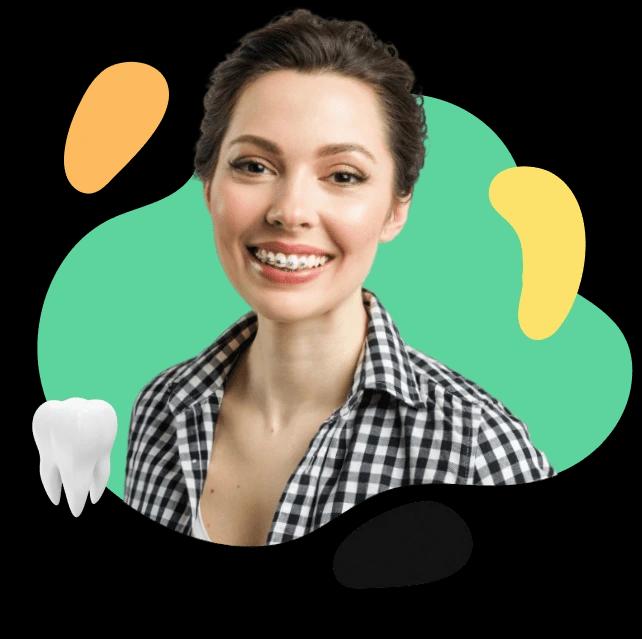 Hero Image - A smiling woman with braces in checkered shirt, abstract background.